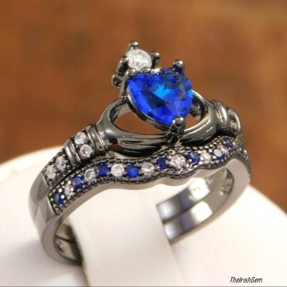 Black Gunmetal Sapphire Claddagh Ring Set